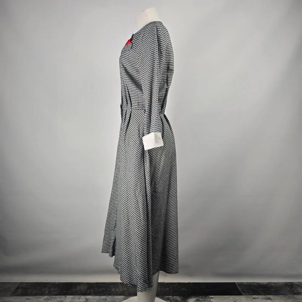 Vintage Algo Ettes Black Hounds Tooth Long Sleeve Button Up Midi Dress Size S/M - Picture 7 of 12